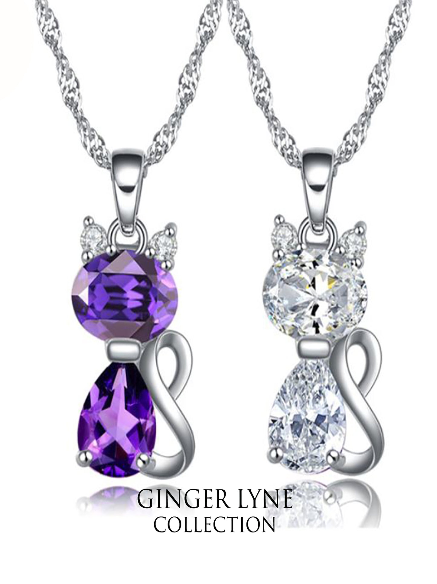Kitten Cat Pendant Necklace for  Women Purple Cubic Zirconia Ginger Lyne Collection - purple