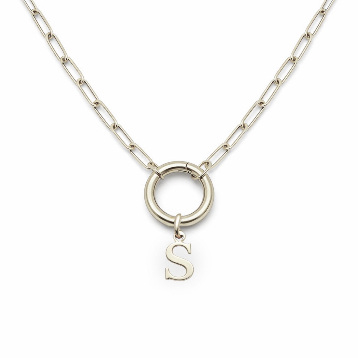 PaperclipLinkCircleCarabinerIntialLetterCharmHolderNecklaceforWomenStainlessSteel20"GingerLyne_Silver-S-1