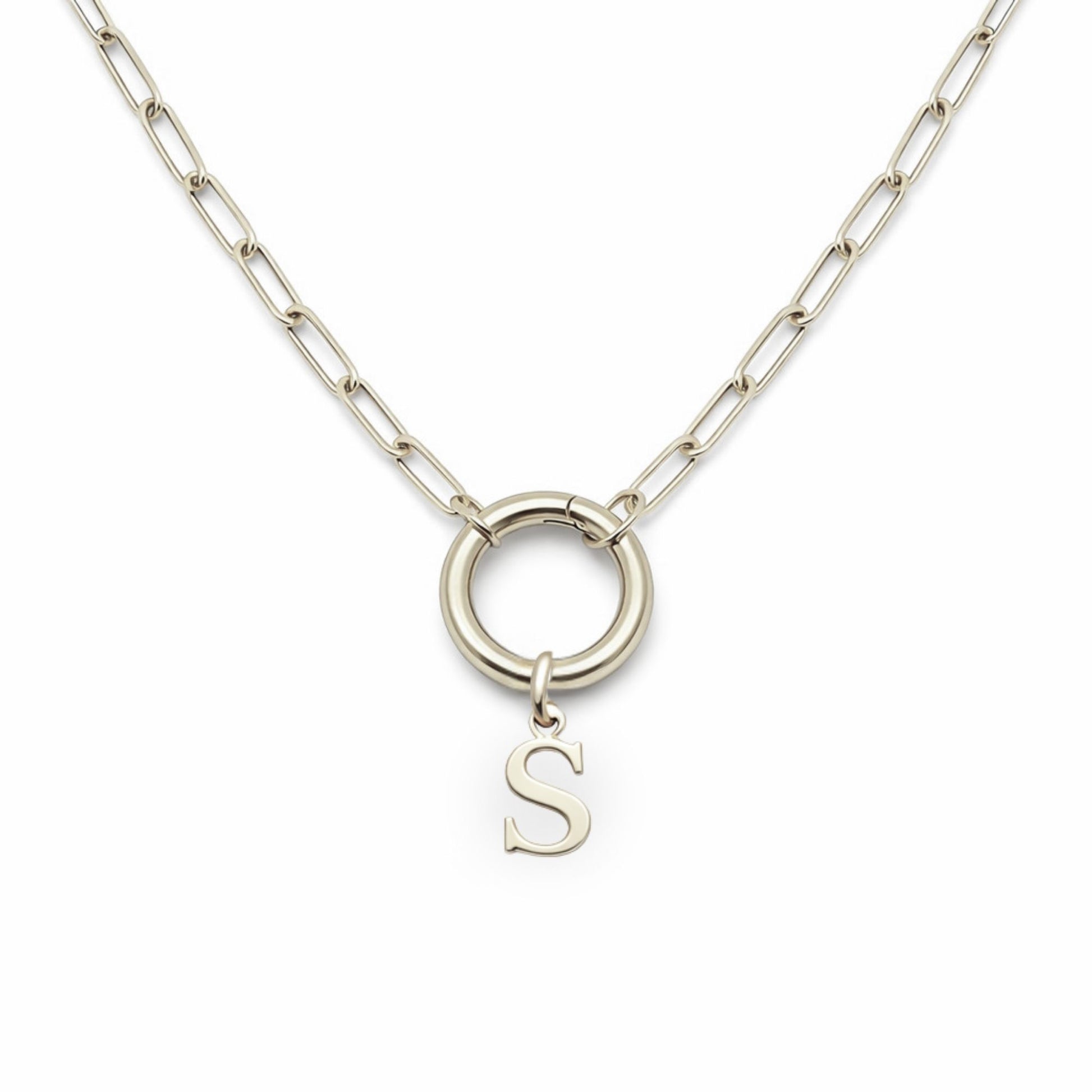 PaperclipLinkCircleCarabinerIntialLetterCharmHolderNecklaceforWomenStainlessSteel20"GingerLyne_Silver-S-1