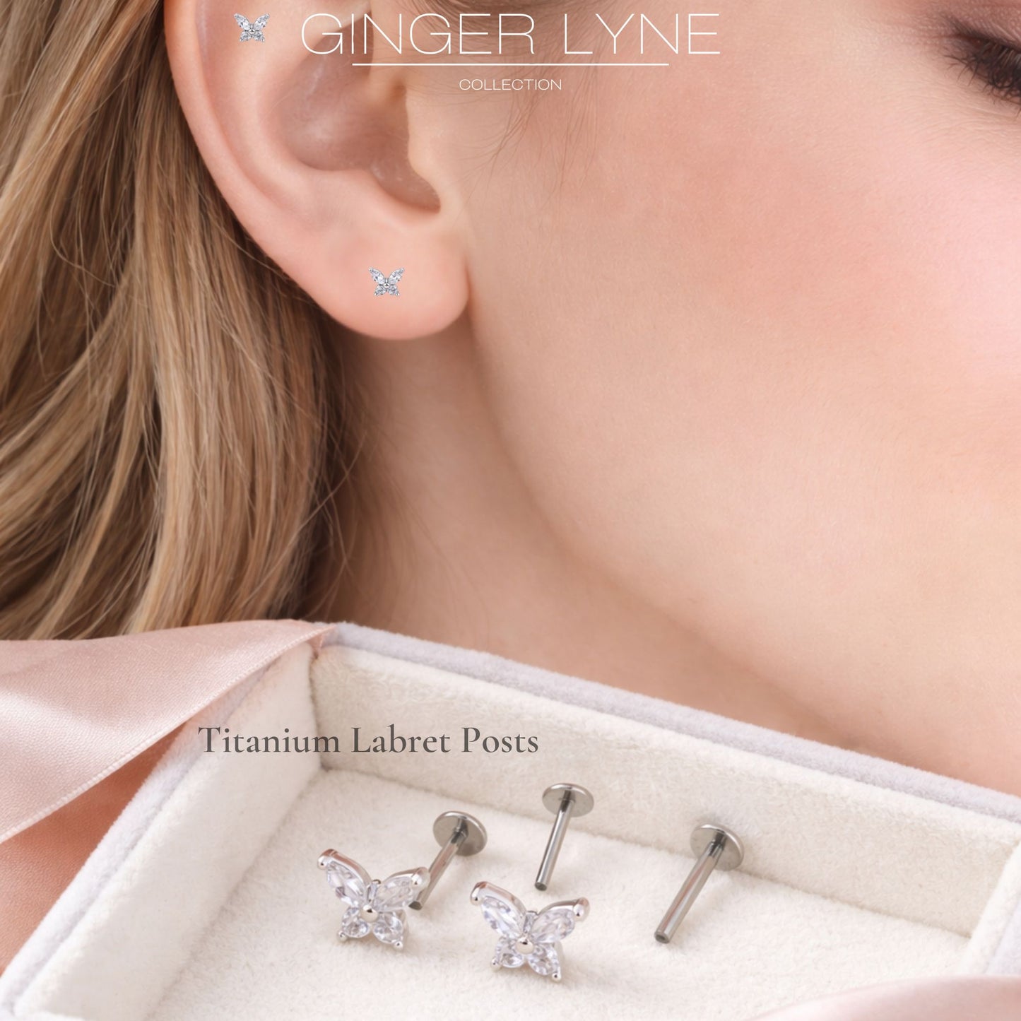 Small Butterfly CZ Solitaire Flat Back Stud Earrings Body Piercings by Ginger Lyne 2 Sets Post 6mm 8mm Included