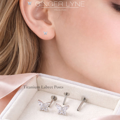 Small Butterfly CZ Solitaire Flat Back Stud Earrings Body Piercings by Ginger Lyne 2 Sets Post 6mm 8mm Included