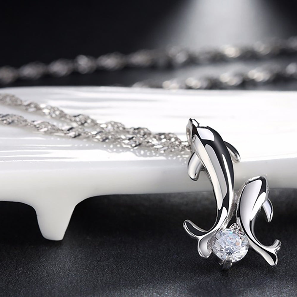 Dolphins Pendant Necklace for Women by Ginger Lyne Sterling Silver Cubic Zirconia - Sterling Silver