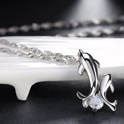 Dolphins Pendant Necklace for Women by Ginger Lyne Sterling Silver Cubic Zirconia - Sterling Silver