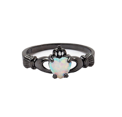 BlackPlatedCladdaghRingforWomenCrownHeartWhiteSimulatedOpalStatementRingSize7byGingerLyne_Black-1