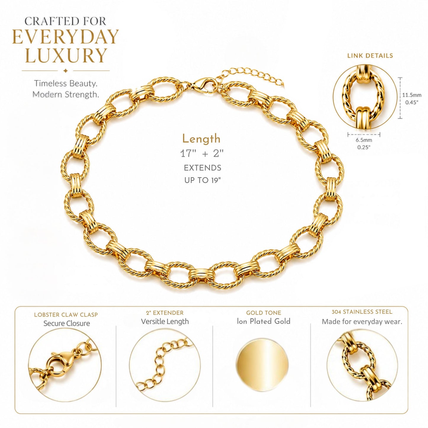 OvalRopeLinkCircleChainNecklaceforWomen18KTGoldPlatedStainlessSteel19"GingerLyneCollection_GoldTone-4