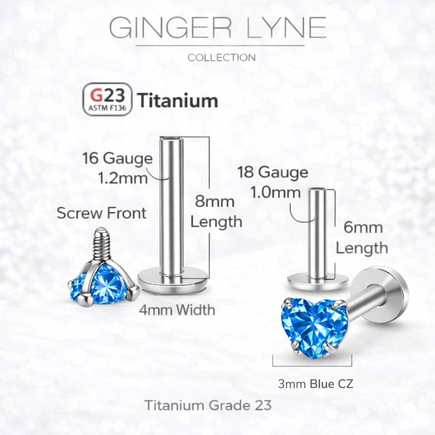 Small Heart CZ Solitaire Flat Back Stud Earrings Titanium Body Piercings by Ginger Lyne 2 Sets Post 6mm 8mm - 3mm-Blue