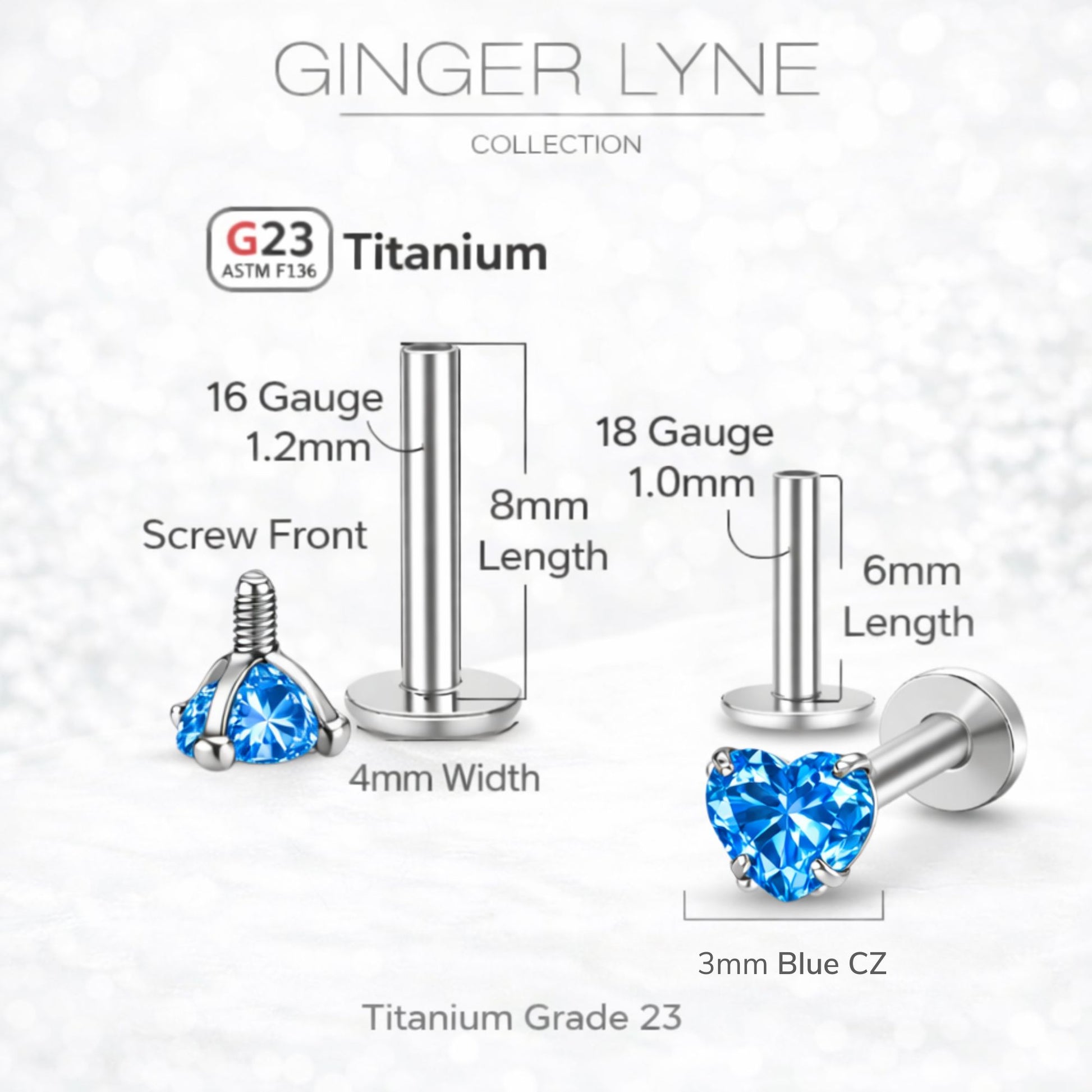 Small Heart CZ Solitaire Flat Back Stud Earrings Titanium Body Piercings by Ginger Lyne 2 Sets Post 6mm 8mm - 3mm-Blue