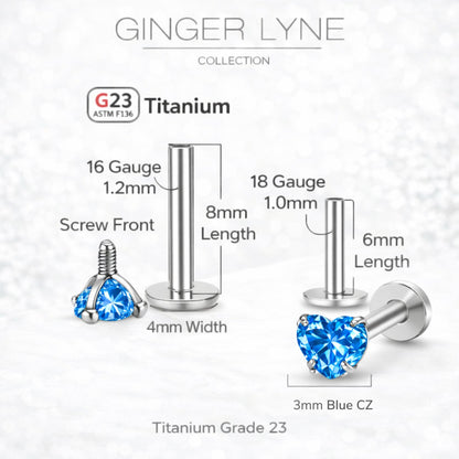 Small Heart CZ Solitaire Flat Back Stud Earrings Titanium Body Piercings by Ginger Lyne 2 Sets Post 6mm 8mm - 3mm-Blue