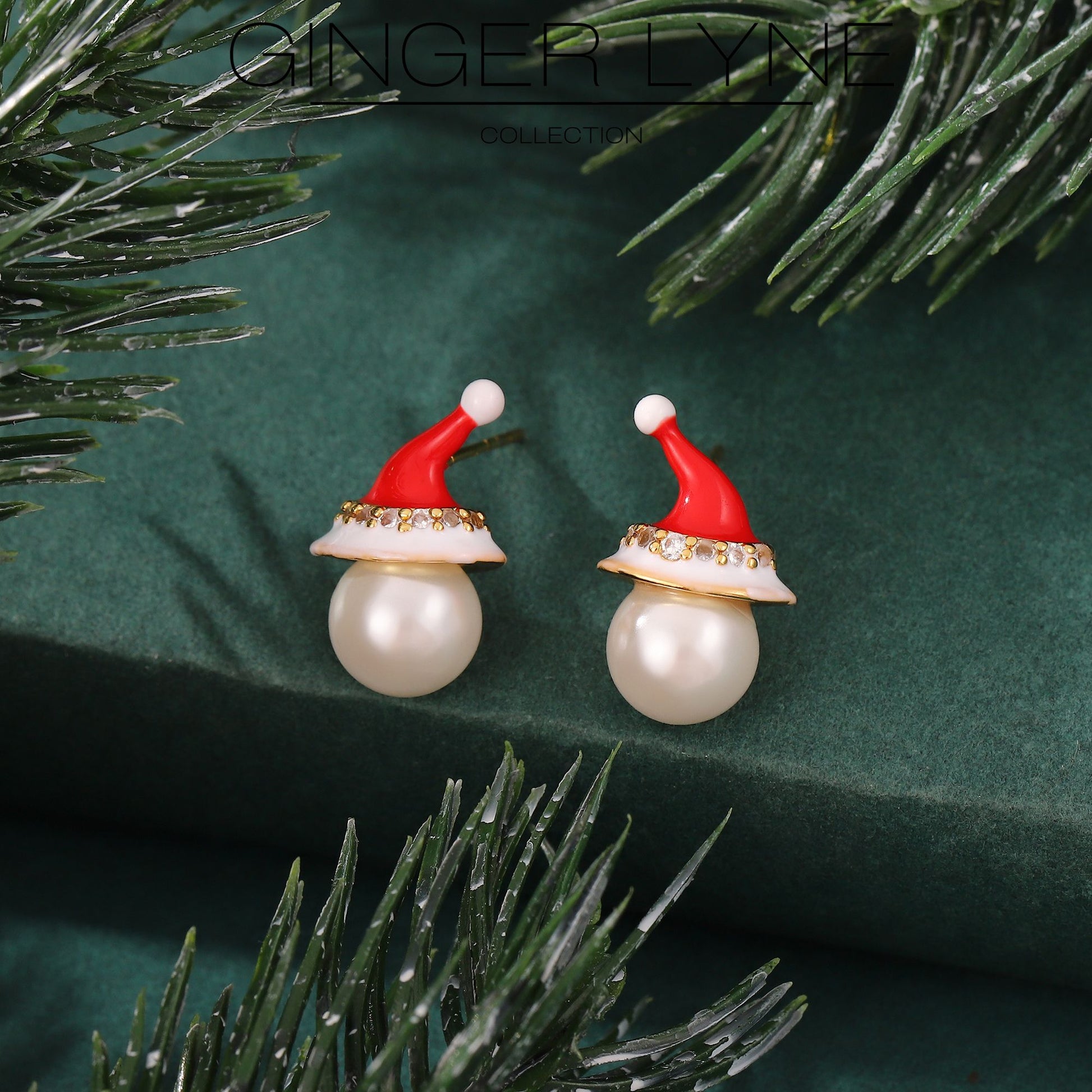 ChristmasSantaHatEarringsWomensWhiteGoldPlatedSimulatedPearlCZGingerLyneCollection_Red-2