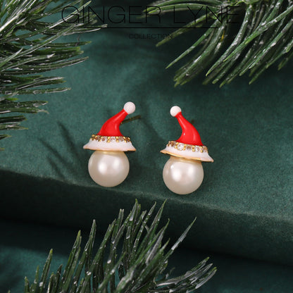ChristmasSantaHatEarringsWomensWhiteGoldPlatedSimulatedPearlCZGingerLyneCollection_Red-2