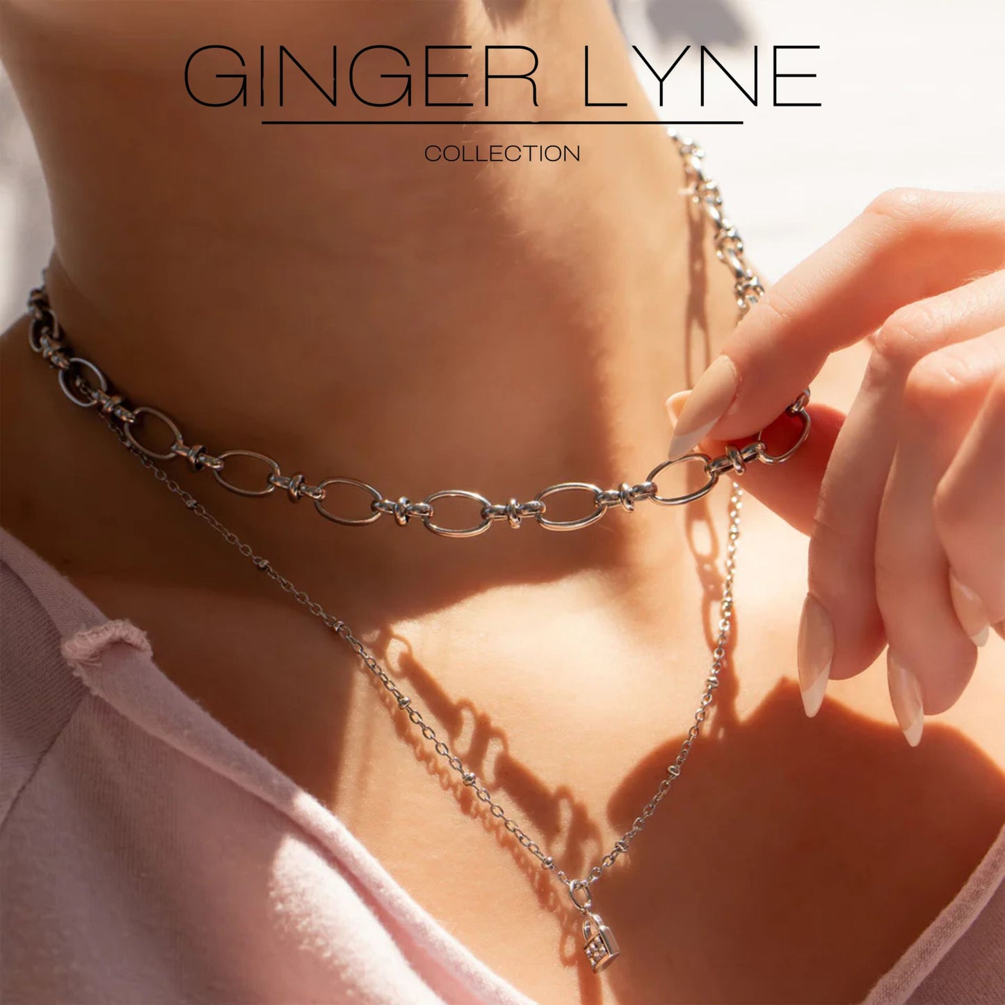 Oval Link Circle Chain Necklace for Women 18KT Gold Plated Stainless Steel 16"-18" Ginger Lyne Collection - Silver-Tone