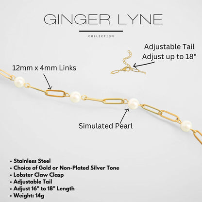 Simulated Pearl Paperclip Chain Necklace for Women Gold Stainless Steel Ginger Lyne Collection - Silver