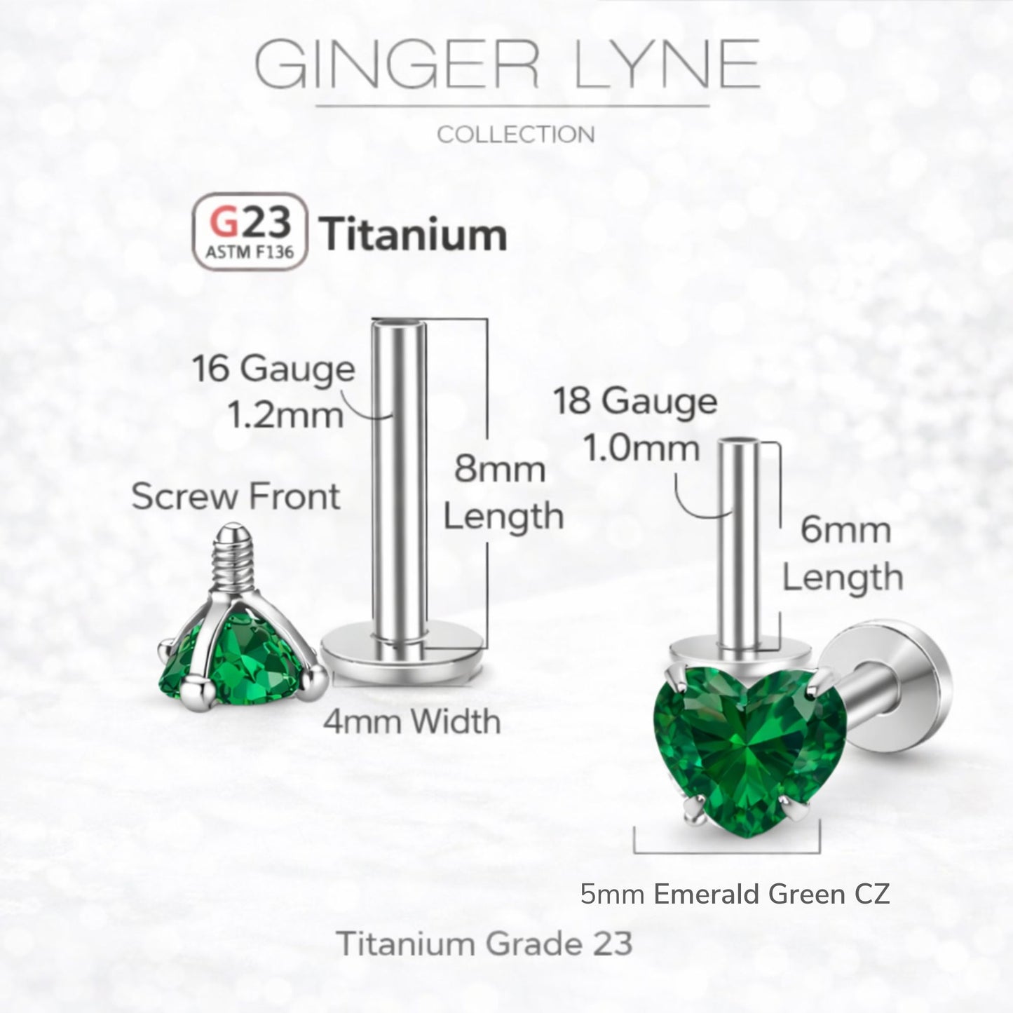 Small Heart CZ Solitaire Flat Back Stud Earrings Body Piercings by Ginger Lyne 2 Sets Post 6mm 8mm Included - 5mm-DkGreen