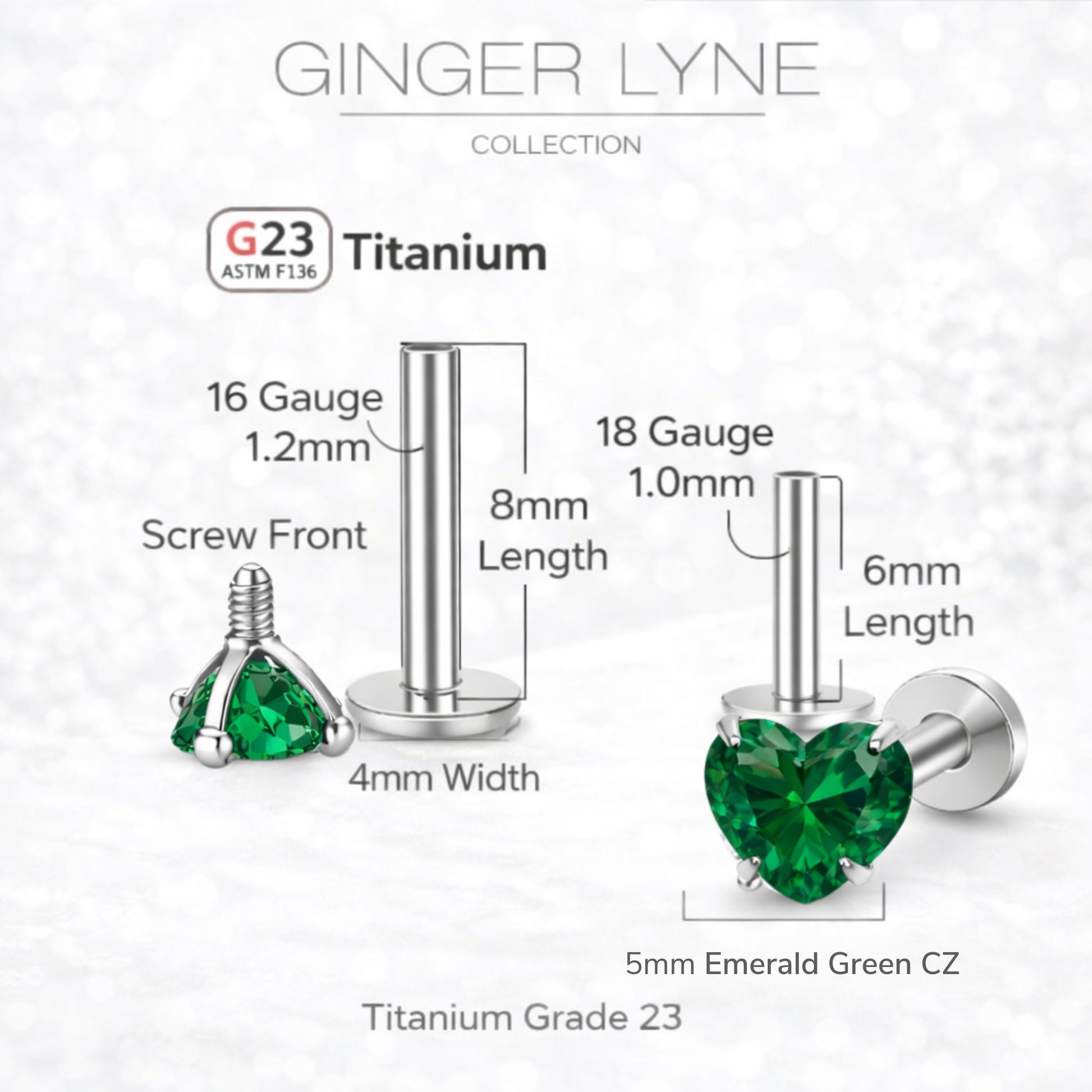 Small Heart CZ Solitaire Flat Back Stud Earrings Body Piercings by Ginger Lyne 2 Sets Post 6mm 8mm Included - 5mm-DkGreen