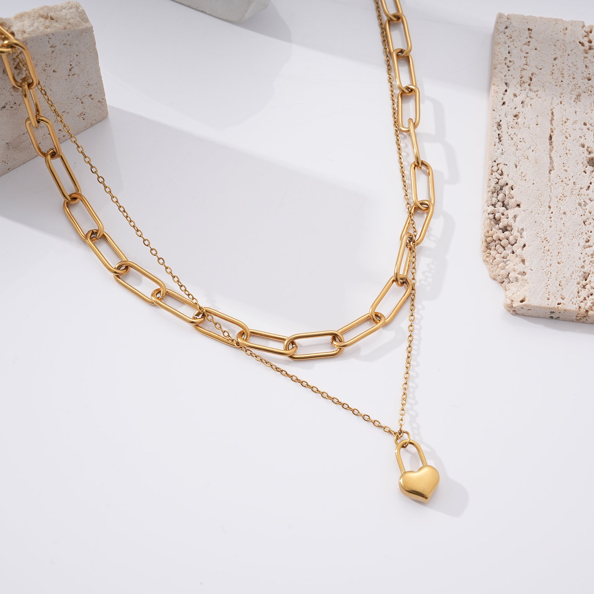 PaperclipChainLayeredNecklaceforWomenHeartLockPendantGoldoverStainlessSteelAdjustableupto21"_Necklace-Gold-4