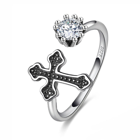 Black Cross Ring for Women Adjustable Sterling SIlver CZ Ginger Lyne Collection Fashion Jewlery