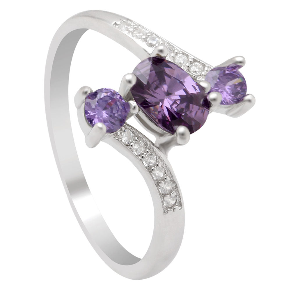 Birthstone Statement Ring 3 Stone Sterling Silver Cz Women Ginger Lyne Collection - Purple,7