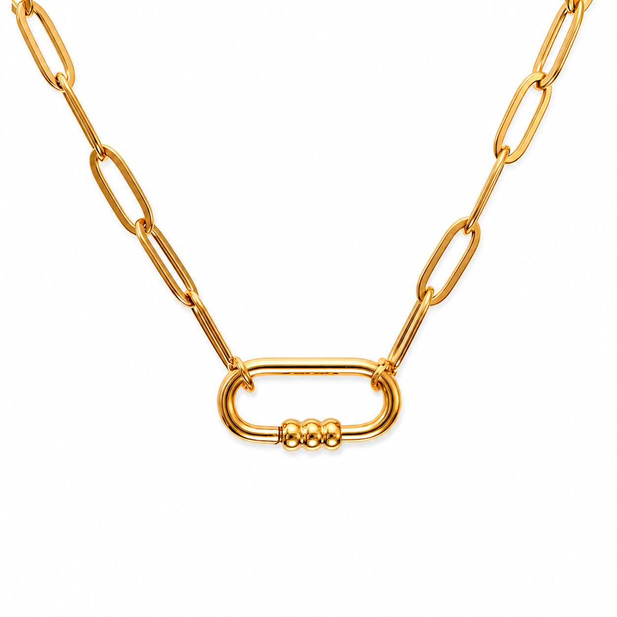 Carabiner Charm Holder Necklace for Women by Ginger Lyne Paperclip Chain 18KT Gold Plated Stainless Steel 18-20" - Gold-PaperclipChain/Rect 3 Bead CH