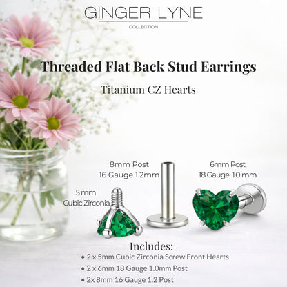 Small Heart CZ Solitaire Flat Back Stud Earrings Body Piercings by Ginger Lyne 2 Sets Post 6mm 8mm Included - 5mm-DkGreen