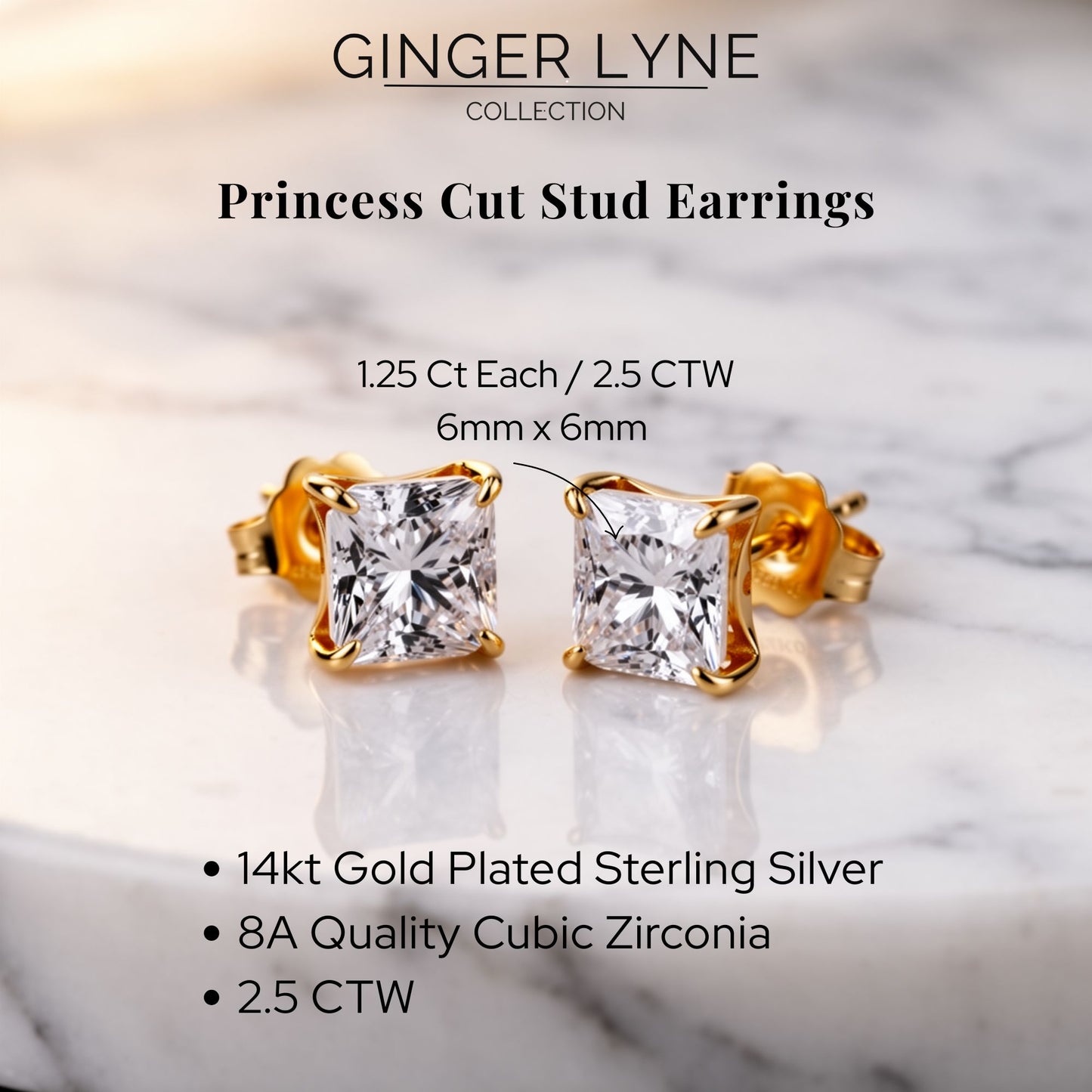 Princess Cut Stud Earrings for Women 2.5ct SolitaireCubic Zirconia Sterling Silver Ginger Lyne - Gold