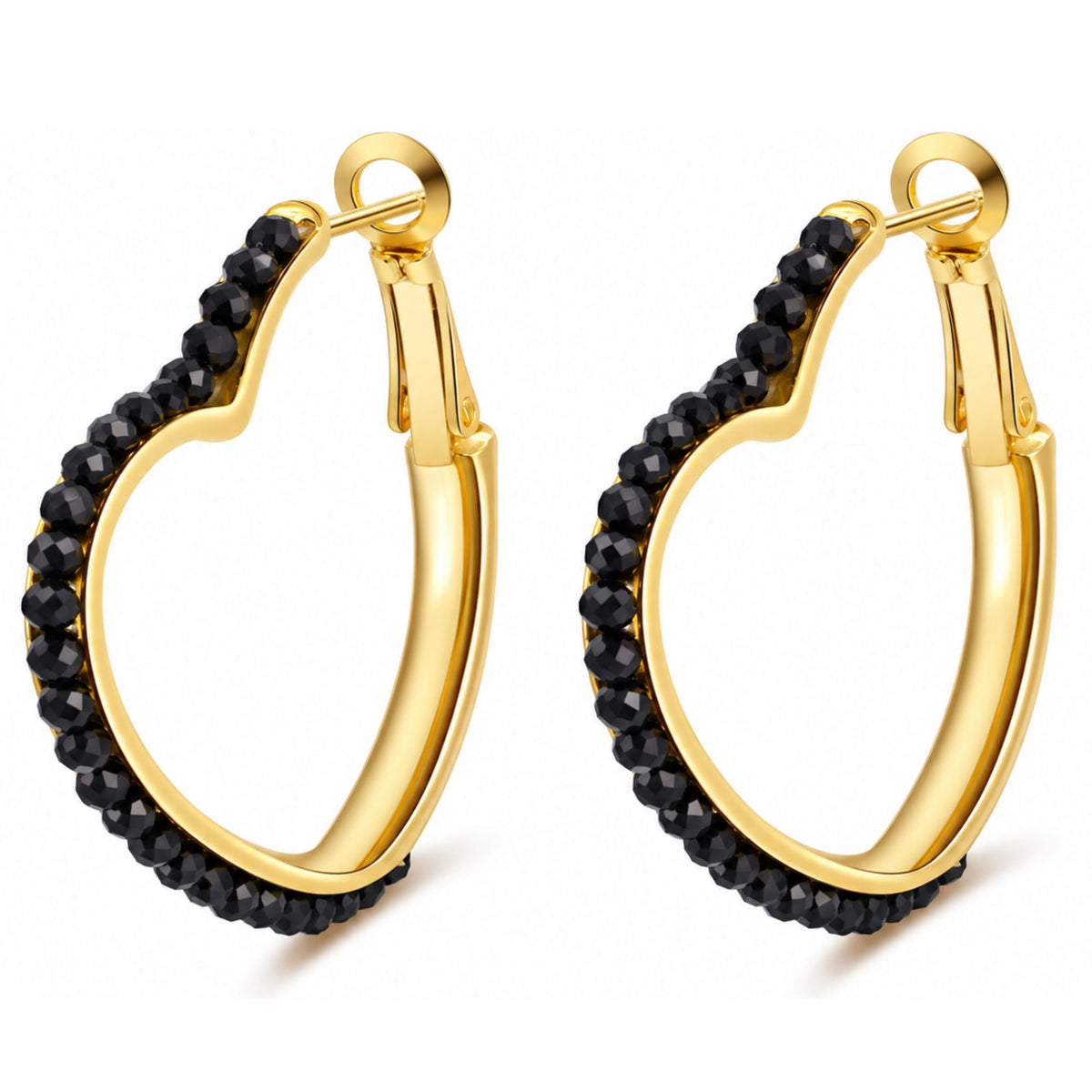 Heart Hoop Earrings for Women 14K Gold Plated Sterling Silver Natural Black Spinel - Black