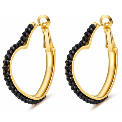 Heart Hoop Earrings for Women 14K Gold Plated Sterling Silver Natural Black Spinel - Black