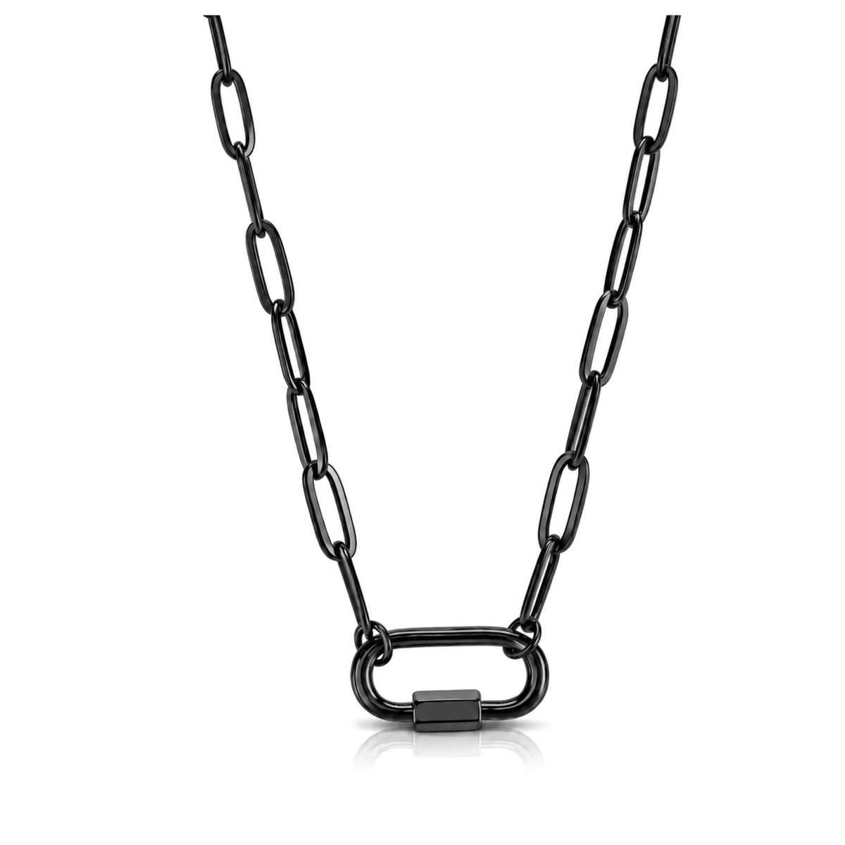 Black Plated Square Screw Rectangle Carabiner Charm Holder Necklace Paperclip Chain 18-20 Inch Stainless Steel by Ginger Lyne - Black-PaperclipChain/Rect Sq CH