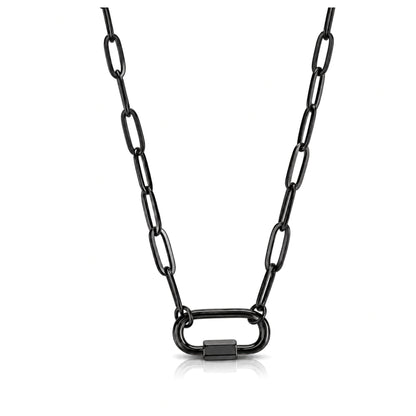 Black Plated Square Screw Rectangle Carabiner Charm Holder Necklace Paperclip Chain 18-20 Inch Stainless Steel by Ginger Lyne - Black-PaperclipChain/Rect Sq CH