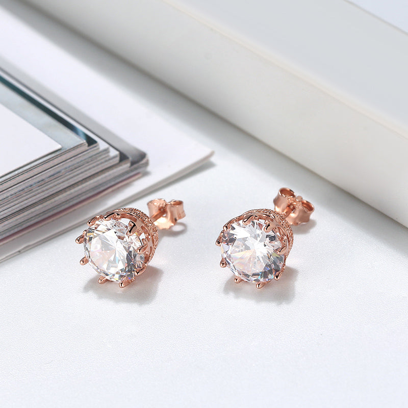 Crown Stud Earrings 8mm Round Cz Sterling Silver Womens by Ginger Lyne Collection - Rose Gold