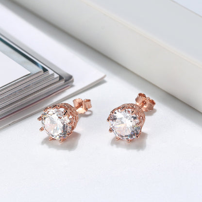 Crown Stud Earrings 8mm Round Cz Sterling Silver Womens by Ginger Lyne Collection - Rose Gold
