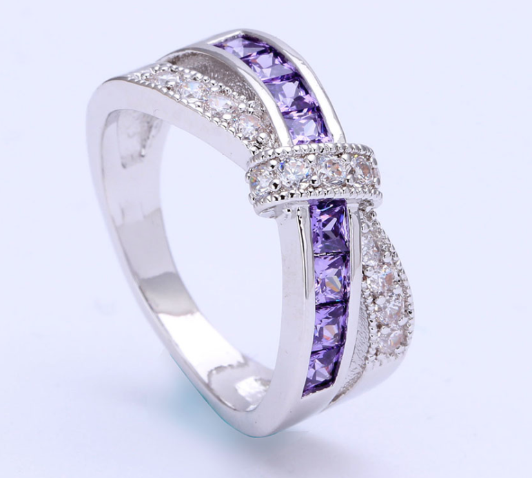 VerandaWeddingBandRingCrossKnotCzWgoldPlatedWomensGingerLyneCollection_Silver/Purple-5