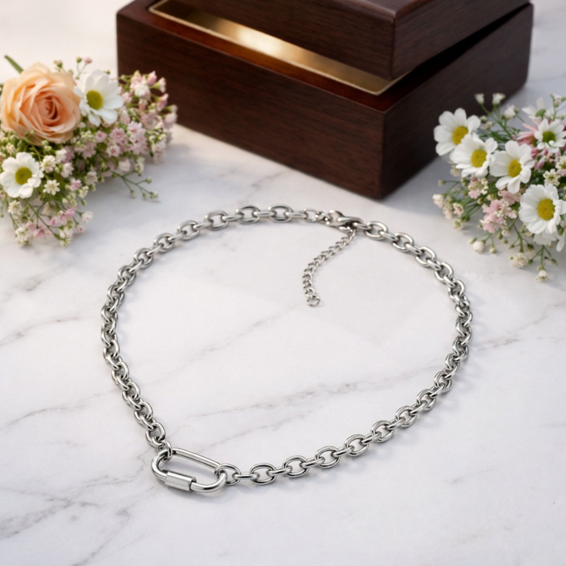 Carabiner Charm Holder Necklace for Women by Ginger Lyne O Chain Silver Gold Plated Stainless Steel