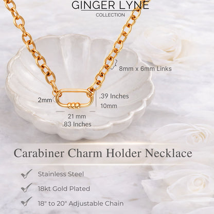 Carabiner Charm Holder Necklace for Women by Ginger Lyne O Chain Silver Gold Plated Stainless Steel 18-20" - Gold-OChain/Rect 3 Bead CH