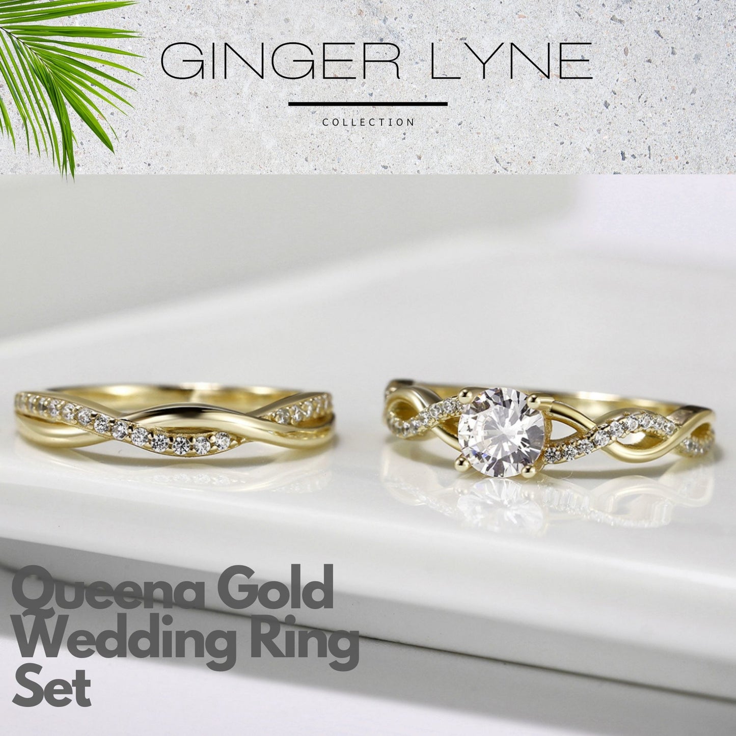 Queena Sterling Silver White Gold Wedding Ring Set for Women Cz Engagement Ring Eternity Band Ginger Lyne Collection