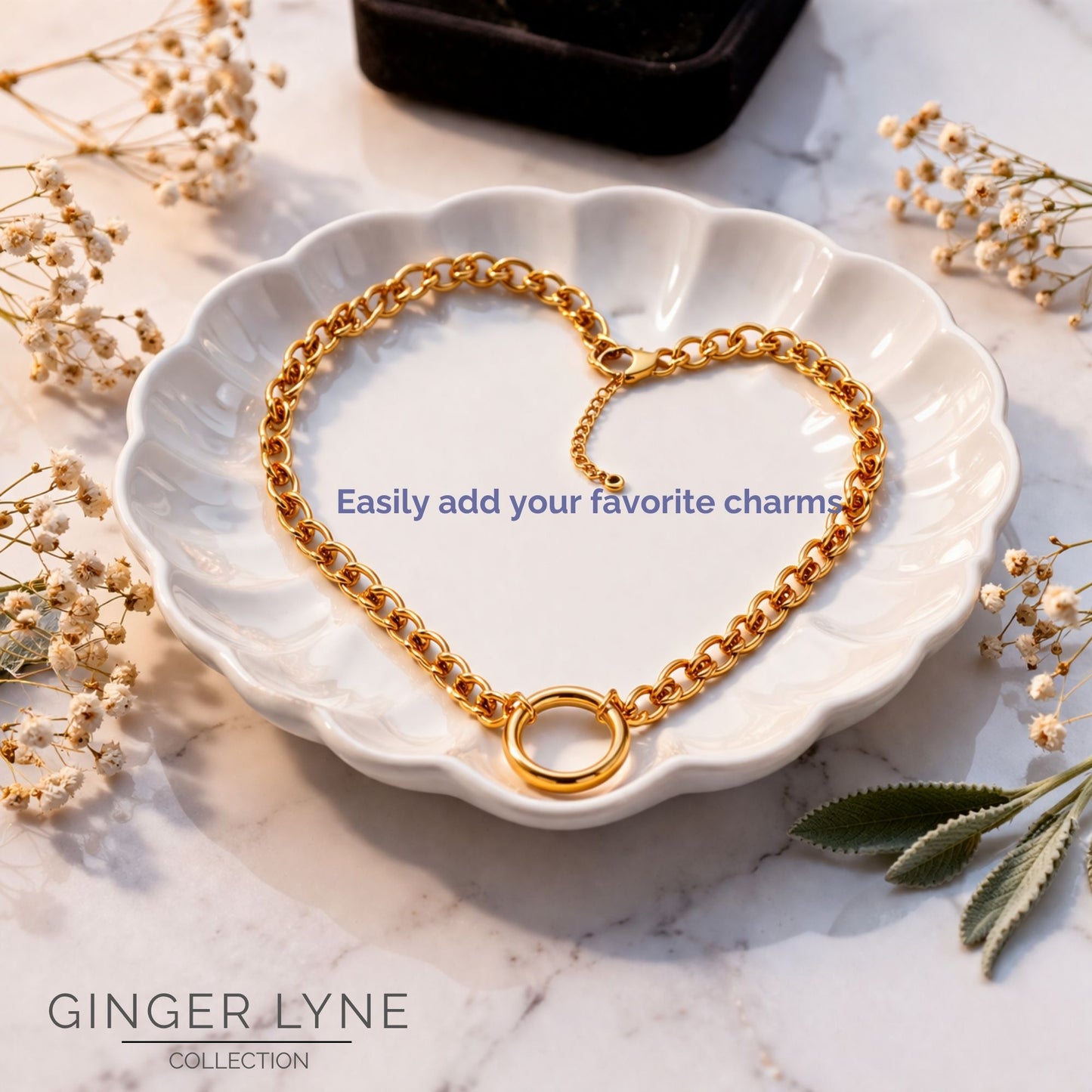 Carabiner Charm Necklace for Women O Link Chain Round Holder Stainless Steel by Ginger Lyne - 20mm/Gold