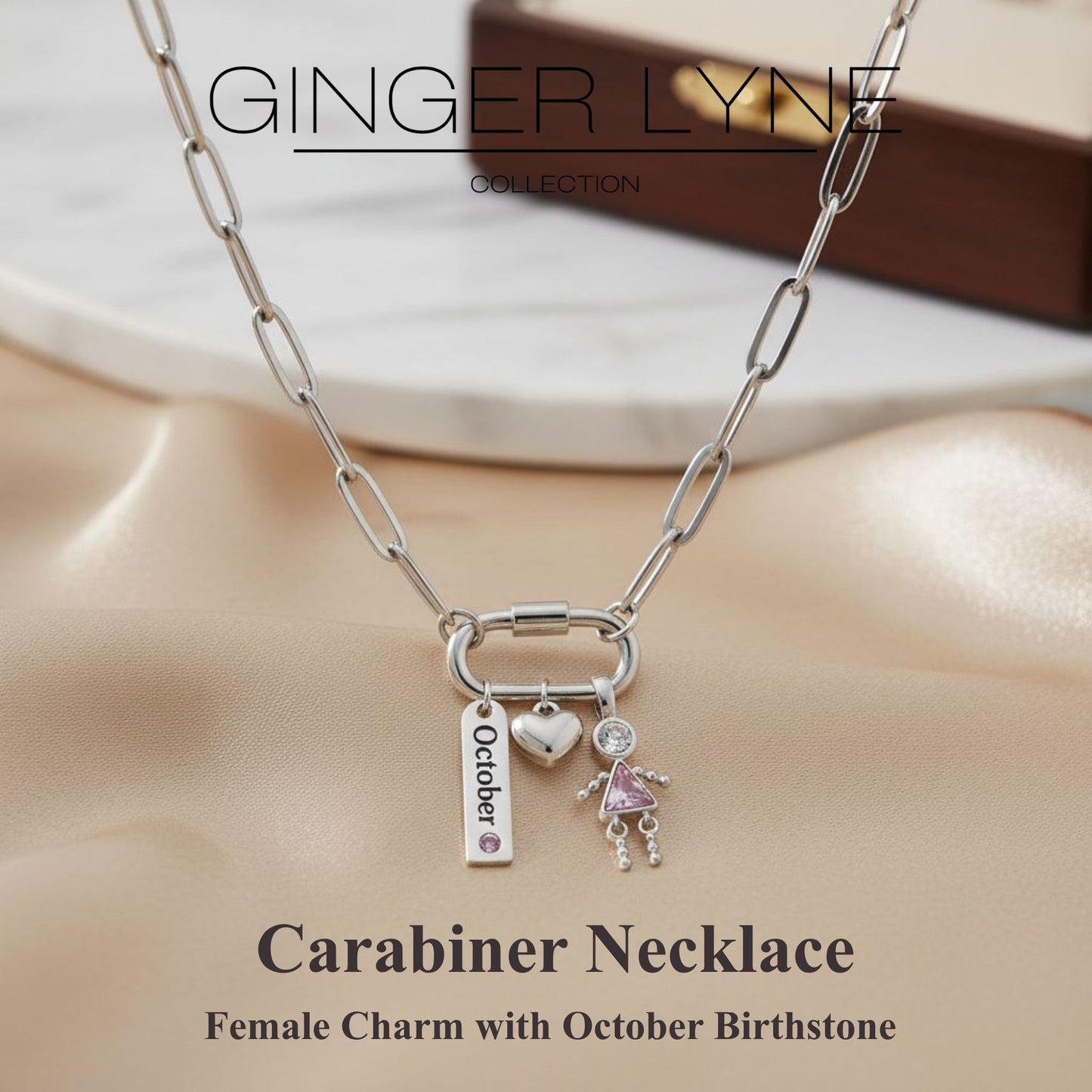 Carabiner Family Birthstone Necklace for Mom or Grandma by Ginger Lyne Stainless Steel CZ Birthday Charms_Female-October-Silver-2