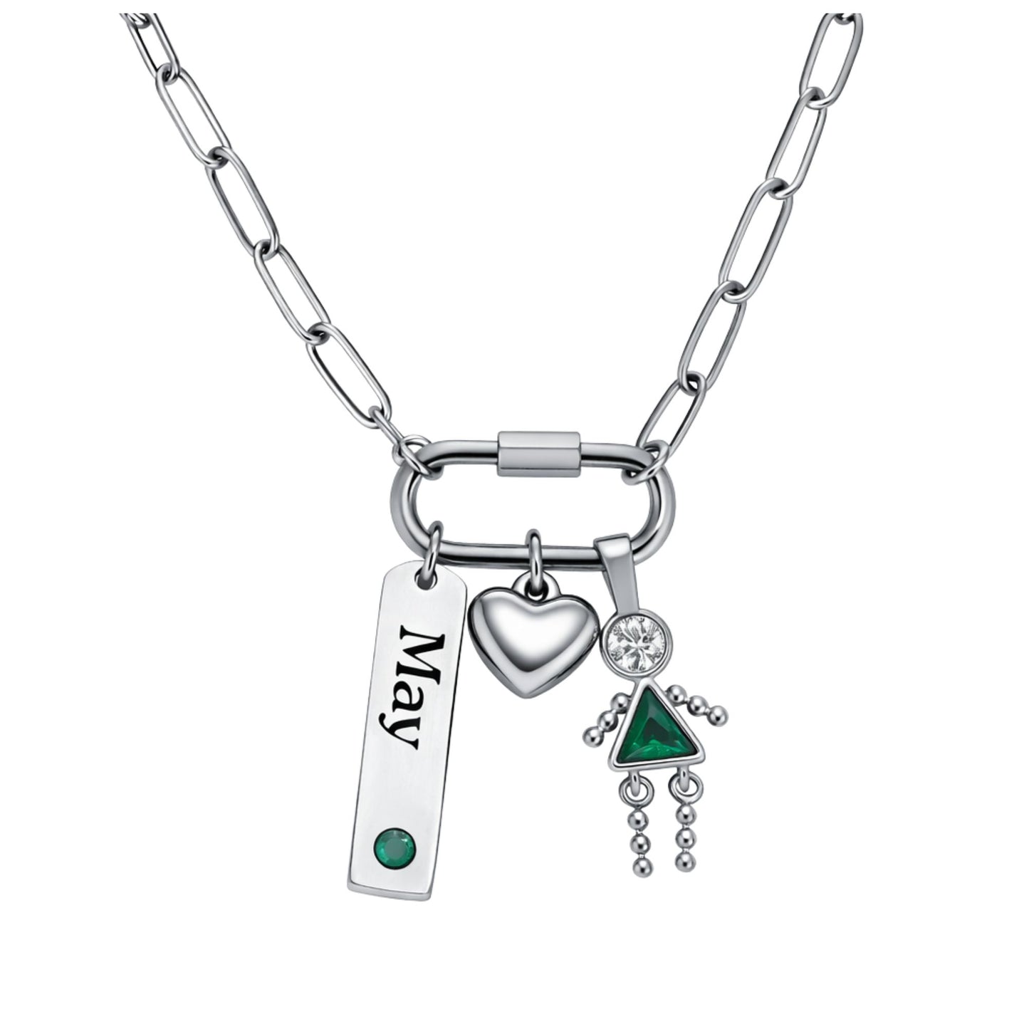 CarabinerFamilyBirthstoneNecklaceforMomorGrandmabyGingerLyneStainlessSteelCZBirthdayCharms_Female-May-Silver-1