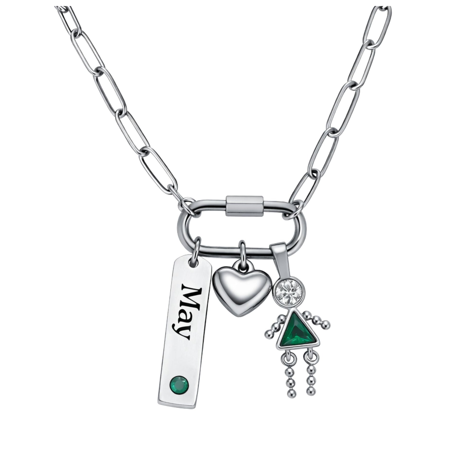 CarabinerFamilyBirthstoneNecklaceforMomorGrandmabyGingerLyneStainlessSteelCZBirthdayCharms_Female-May-Silver-1
