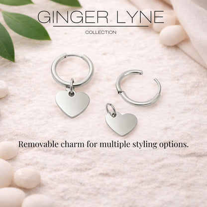 Thin Heart Charm Hoop Earrings by Ginger Lyne Stainless Steel for Lobe Cartilage Piercing Body Jewelry - Silver Tone