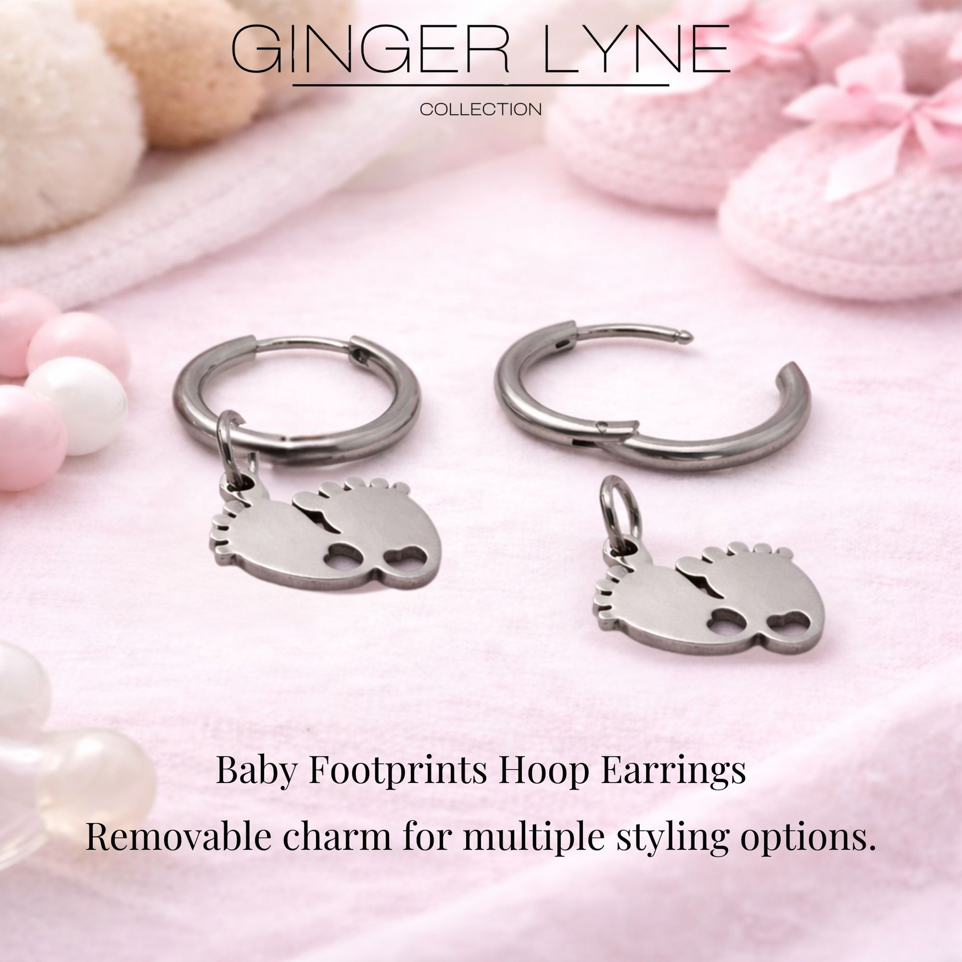 BabyFeetDangleHoopEarringsforWomen12mmNon-PlatedSilverToneStainlessSteelbyGingerLyne_Silver-2