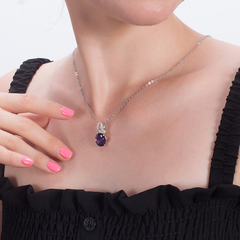 Oval Pendant Necklace for Women Purple Cz Sterling Silver Ginger Lyne Collection