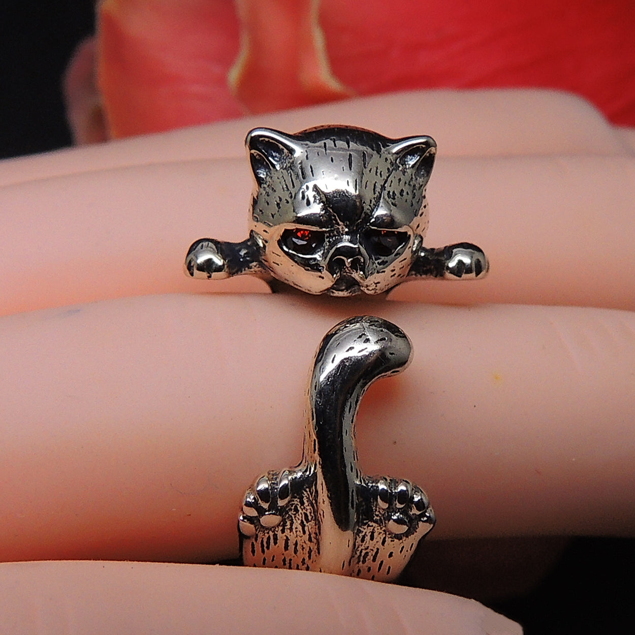 Kitty Cat Kitten Sterling Silver Wrap Ring Red Cz Girls Ginger Lyne Collection