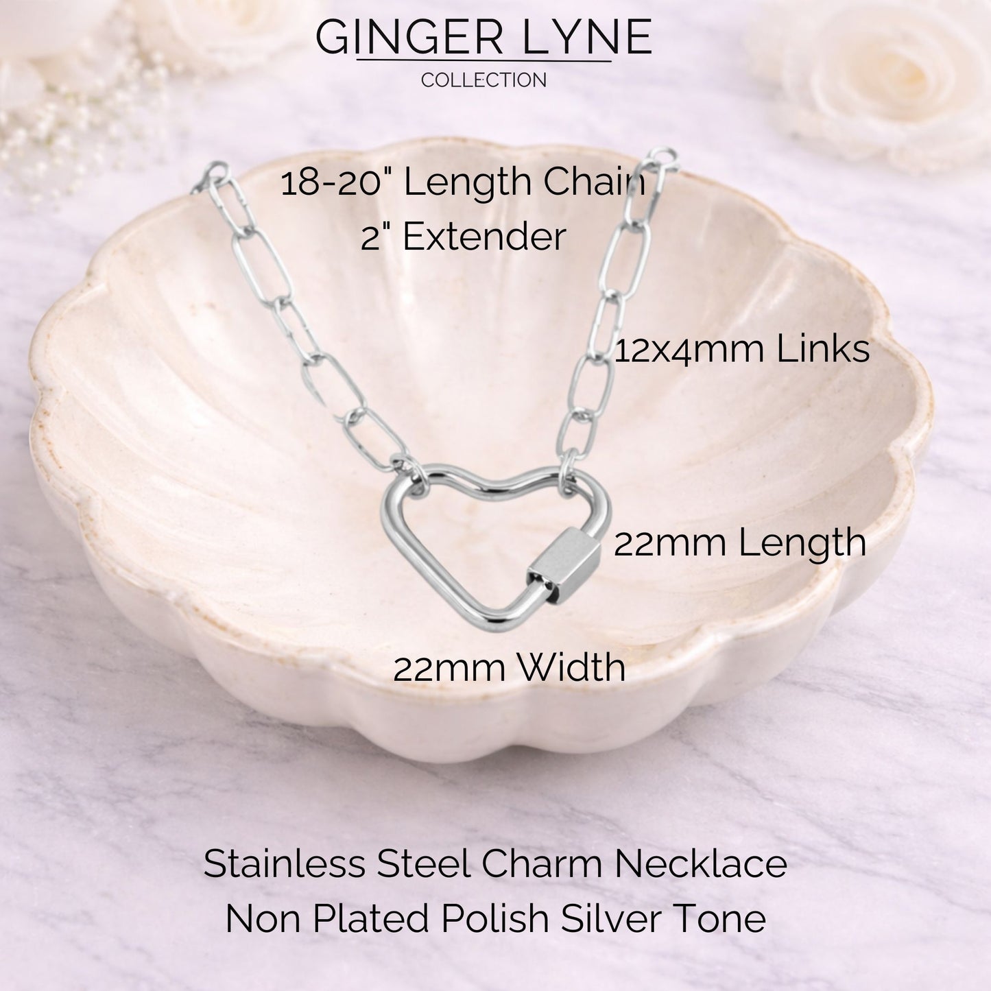 Heart Carabiner Charm Holder Necklace for Women by Ginger Lyne Paperclip Chain Silver Stainless Steel 18-20" - Silver-PaperclipChain/Heart CH