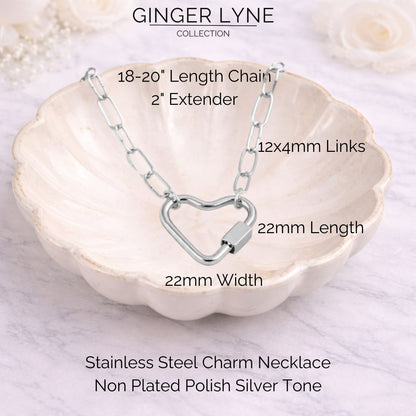 Heart Carabiner Charm Holder Necklace for Women by Ginger Lyne Paperclip Chain Silver Stainless Steel 18-20" - Silver-PaperclipChain/Heart CH