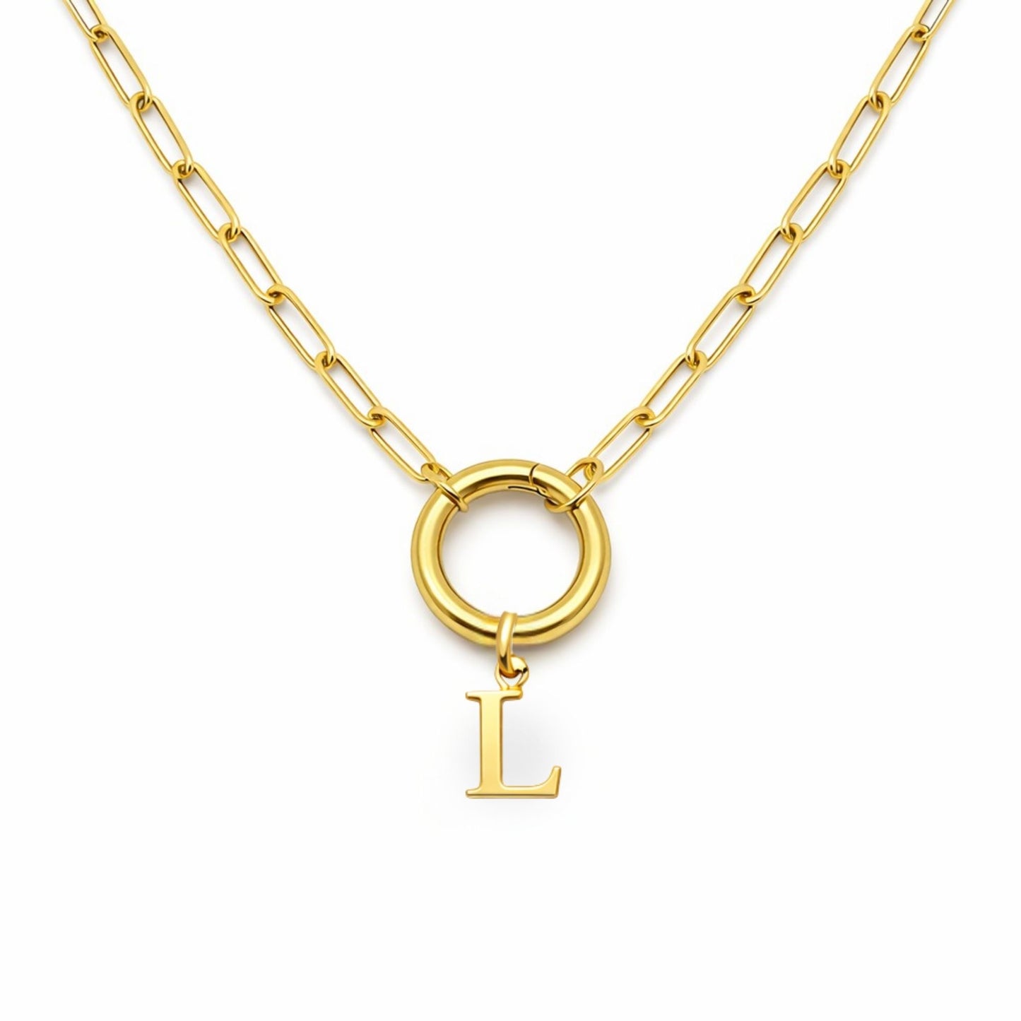 PaperclipLinkCircleCarabinerIntialLetterCharmHolderNecklaceforWomenStainlessSteel20"GingerLyne_Gold-L-1