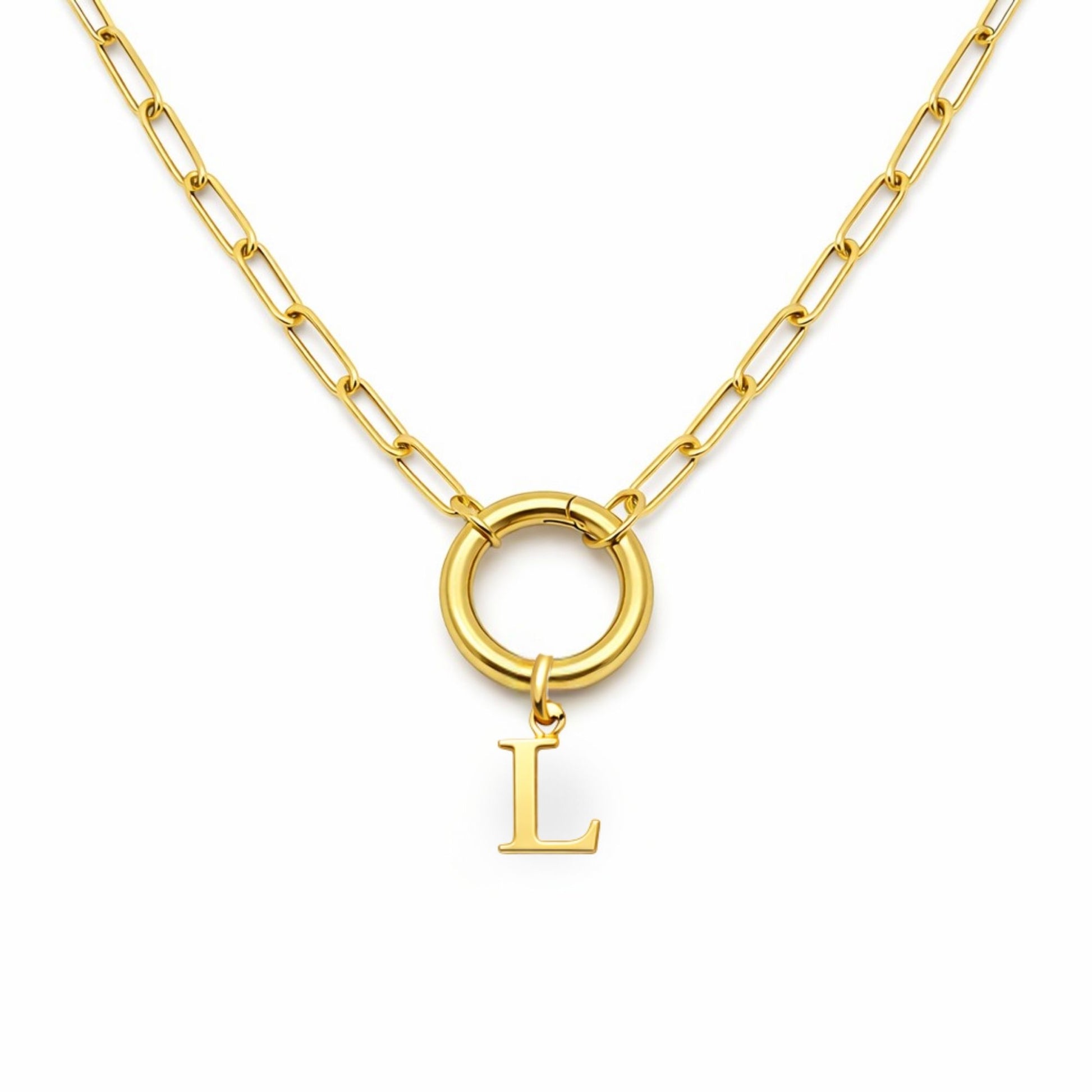 PaperclipLinkCircleCarabinerIntialLetterCharmHolderNecklaceforWomenStainlessSteel20"GingerLyne_Gold-L-1