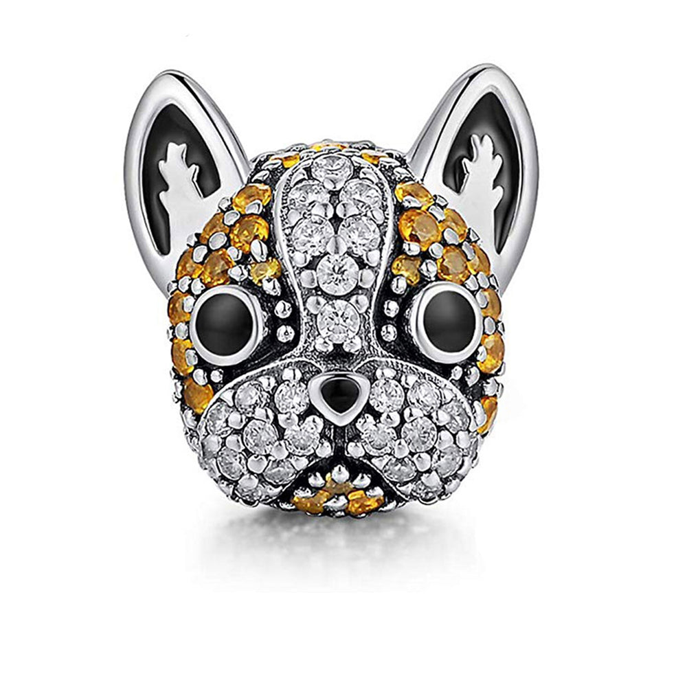 Boston Terrier Frenchie Dog Charm European Bead CZ Sterling Silver Ginger Lyne Collection - Brown
