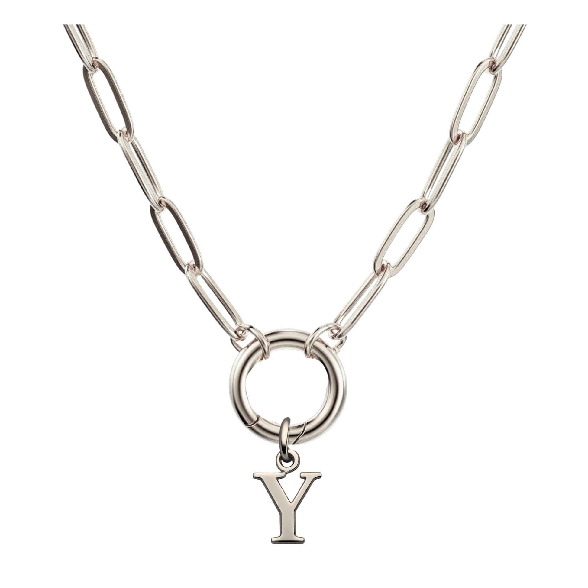 PaperclipLinkCircleCarabinerIntialLetterCharmHolderNecklaceforWomenStainlessSteel20"GingerLyne_Silver-Y-1
