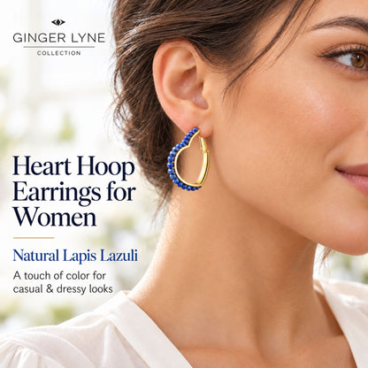 Heart Hoop Earrings for Women 14K Gold Plated Sterling Silver Natural Blue Lapis Lazuli - Blue