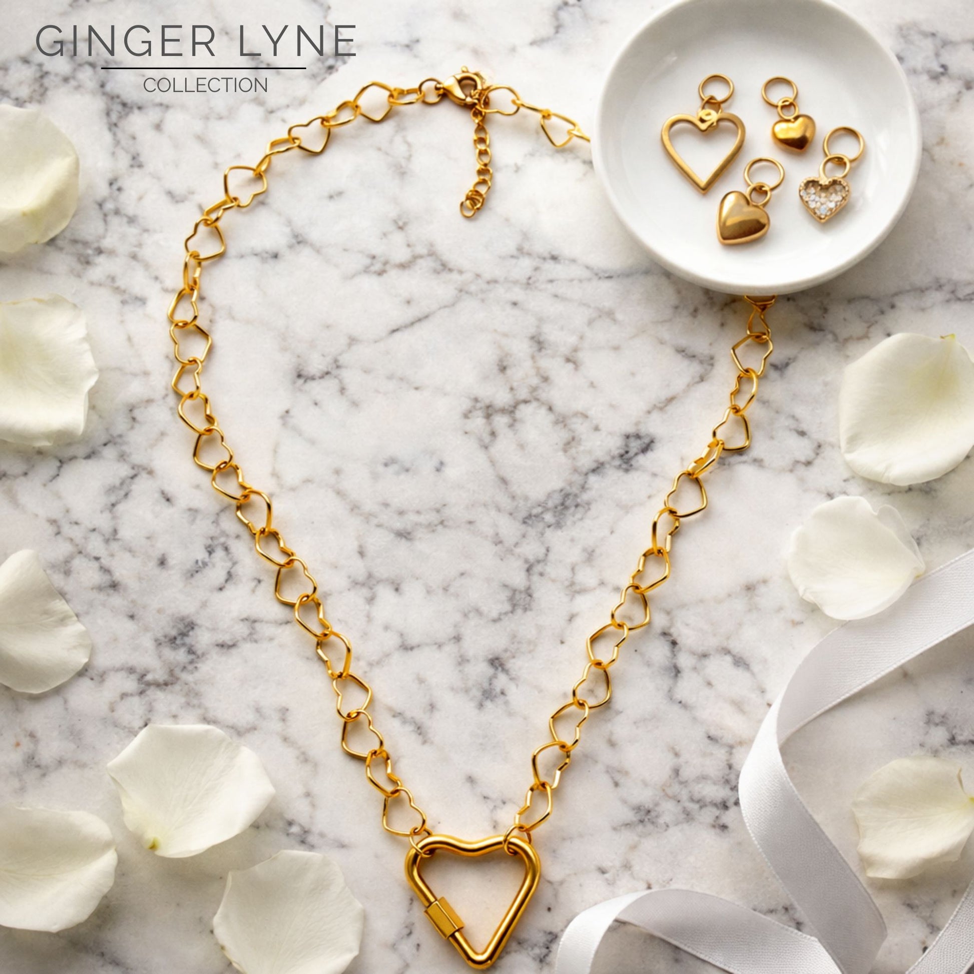 CarabinerCharmHolderNecklaceforWomenbyGingerLyneHeartLinkChain18KTGoldPlatedStainlessSteel_Gold-HeartChain/HeartCH-4